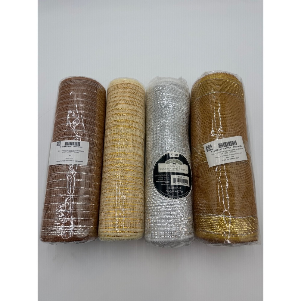 Paper Mart Holiday Time Deco Mesh Ribbon Lot 4 Rolls Brown Silver Gold Metallic